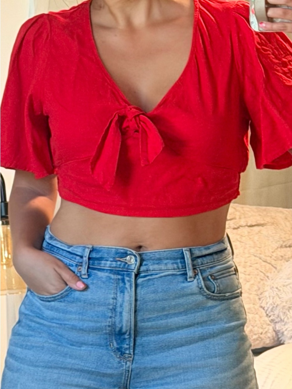 a new day Red Tie-Front Flutter Sleeve Crop Top